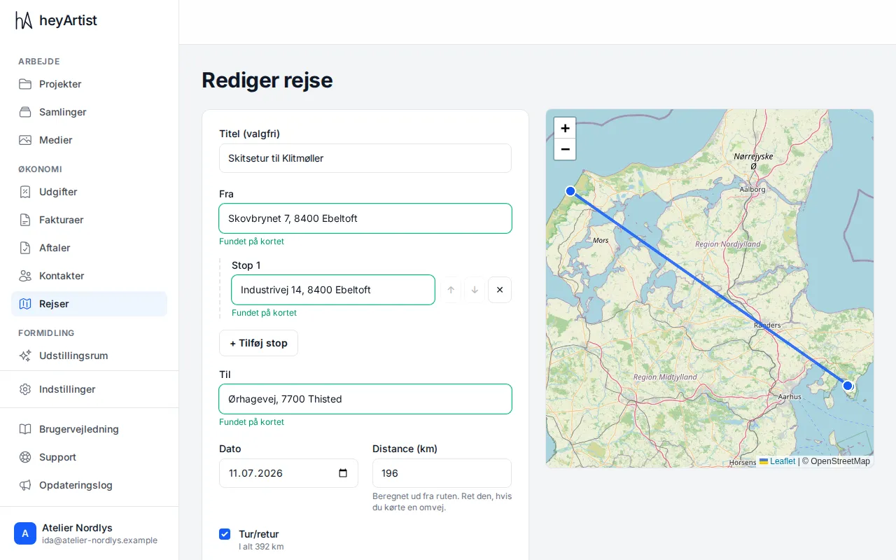 A trip with a stop on the way: the route on the map and the distance