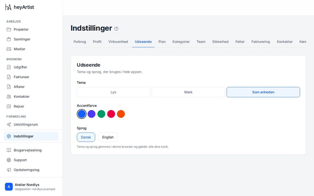 Appearance: theme, accent colour and language