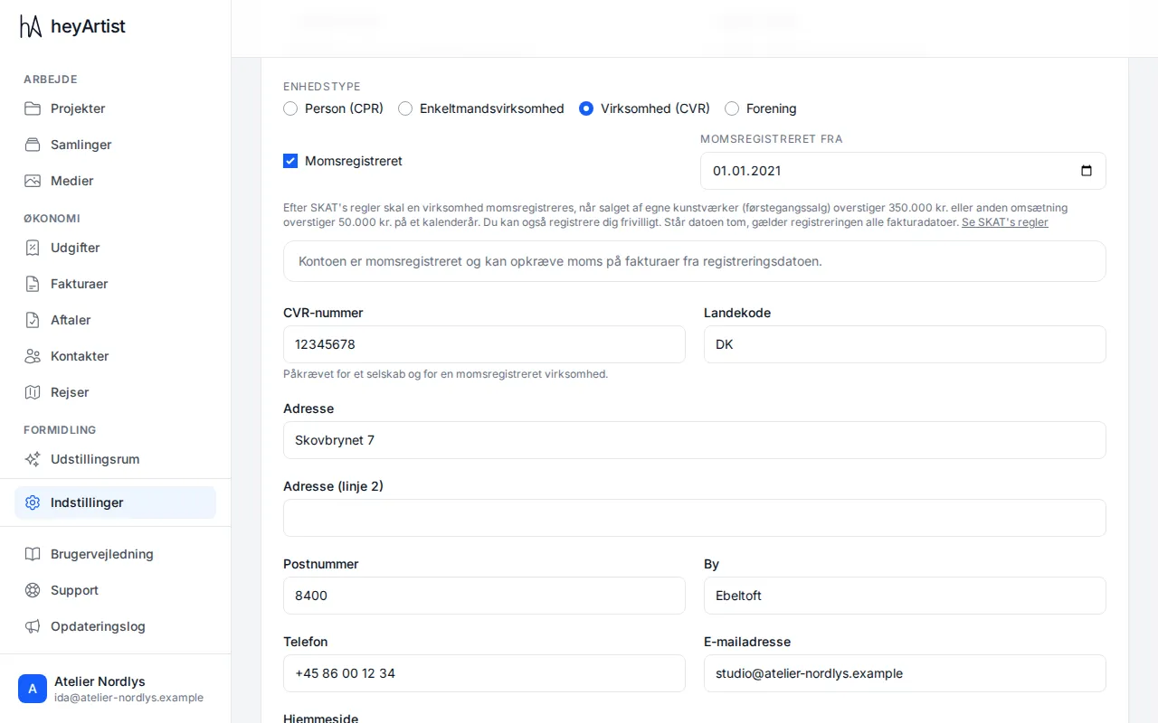Business identity: entity type, VAT registration and CVR number