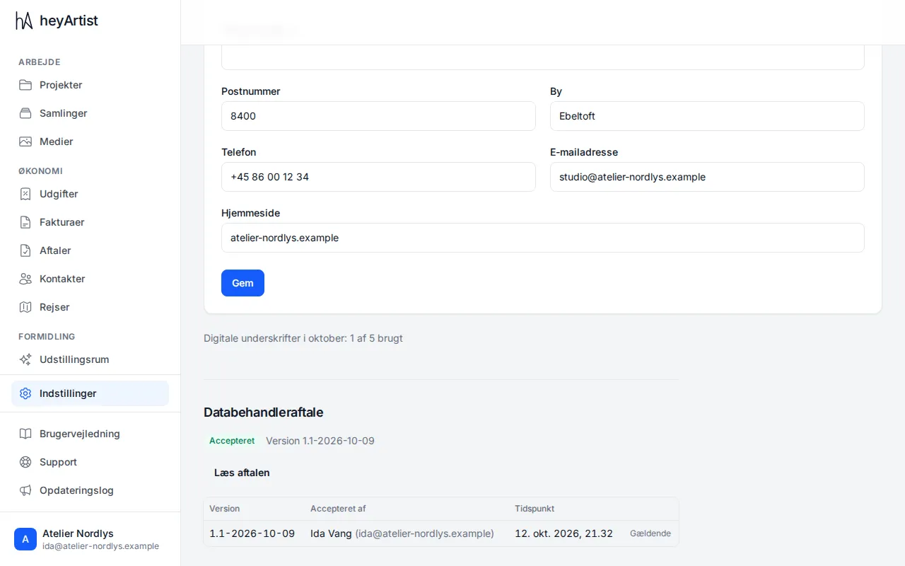 Address, phone, email and website — and below the form the digital signatures and the data processing agreement