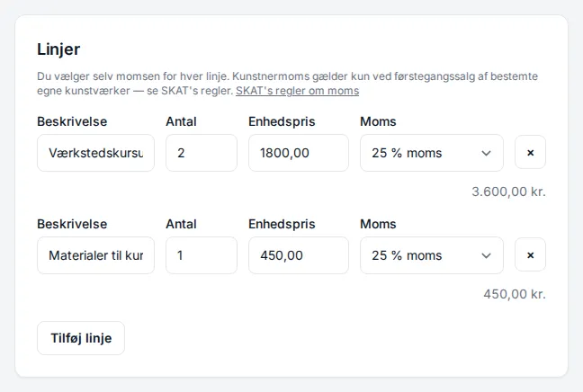 Lines with description, quantity, unit price and VAT