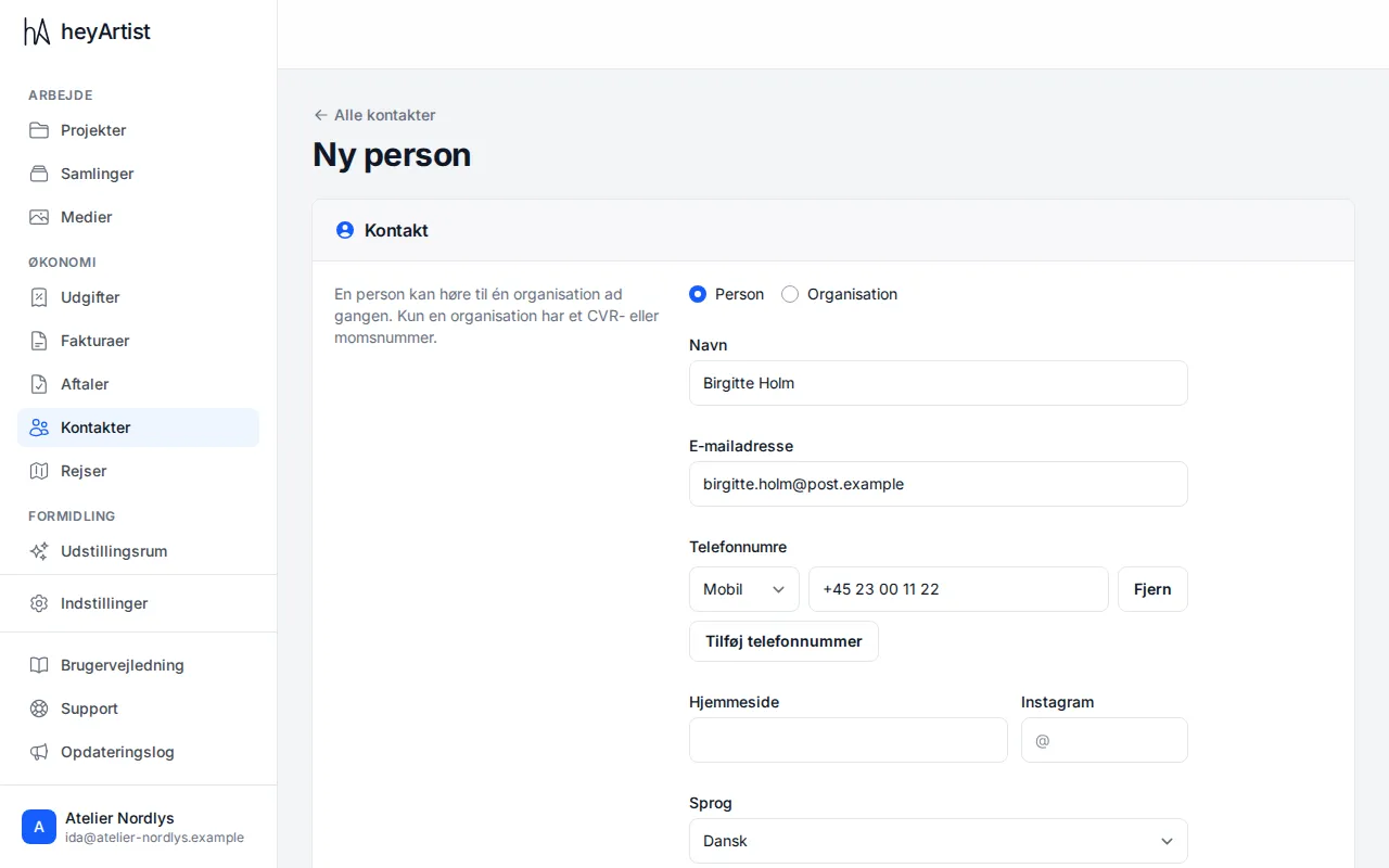 New person: name, email, phone numbers, website, Instagram and language