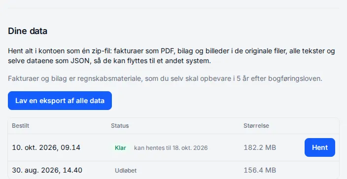 Your data: make an export, and the list of recent ones