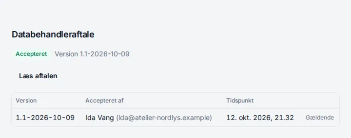 Databehandleraftalen under Indstillinger → Virksomhed