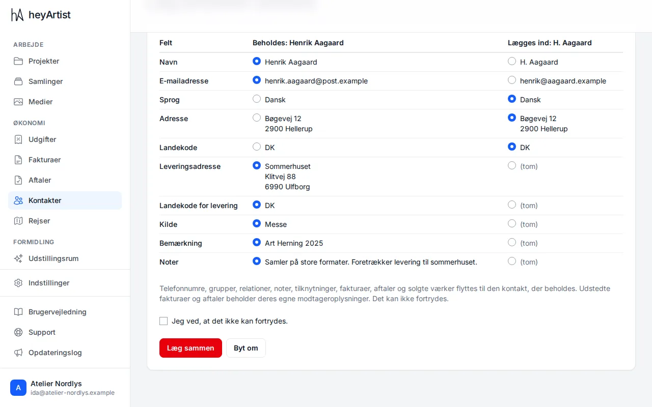 Merge contacts: the value for each field is chosen, and the tick box confirms