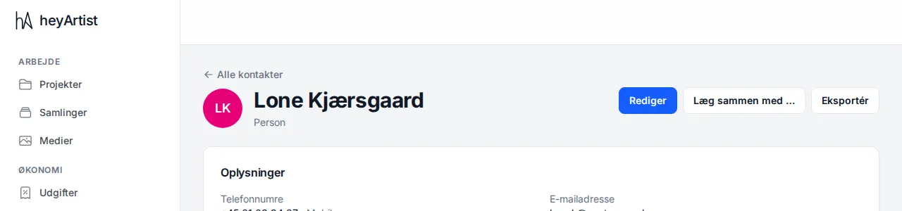 The contact’s page with the Export button at the top