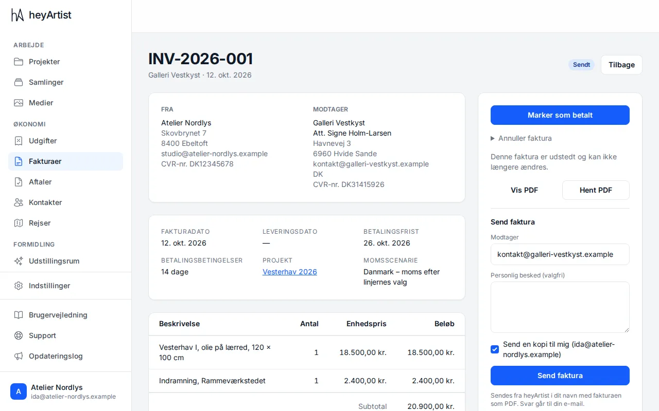 An issued invoice with Mark as paid, View PDF, Download PDF and Send invoice