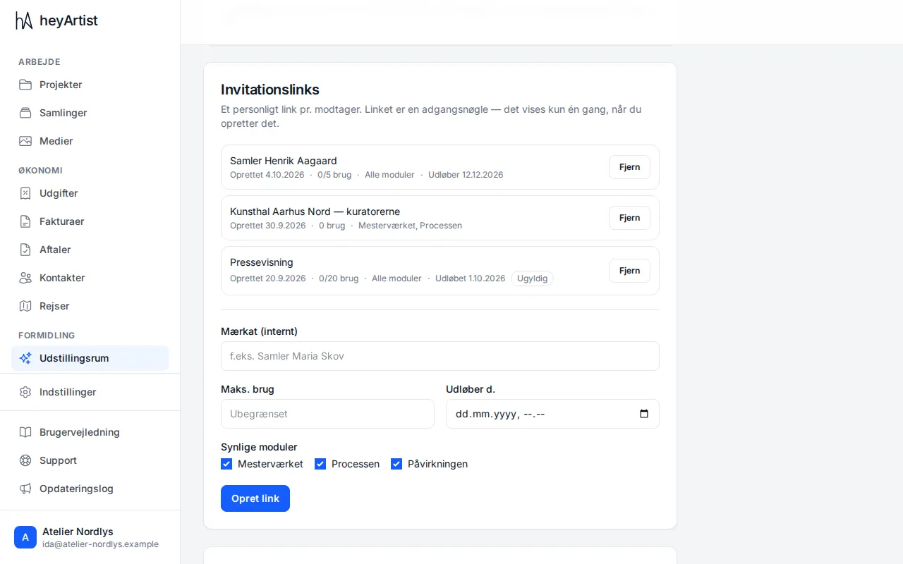 Invitation links: label, created, uses, modules and expiry