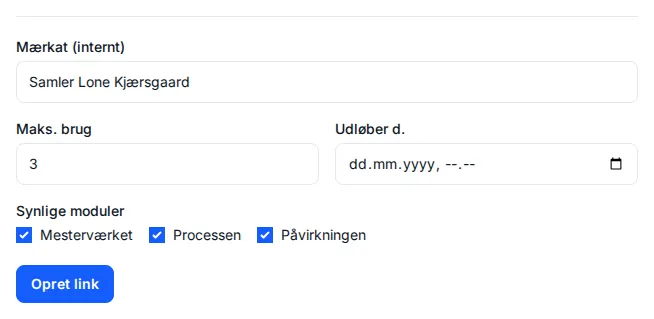 A new link: label, max uses, expiry and visible modules