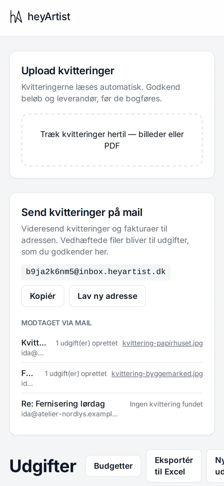 Udgifter på telefonen med feltet til kvitteringer