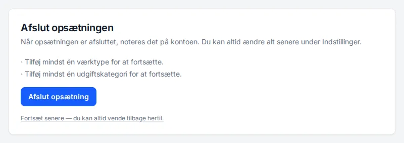 Afslut opsætningen med listen over det, der mangler