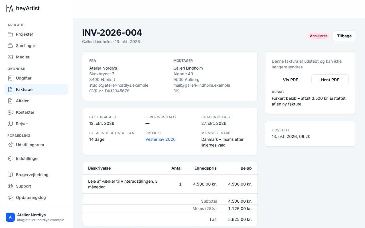 A voided invoice with the status Void and the reason