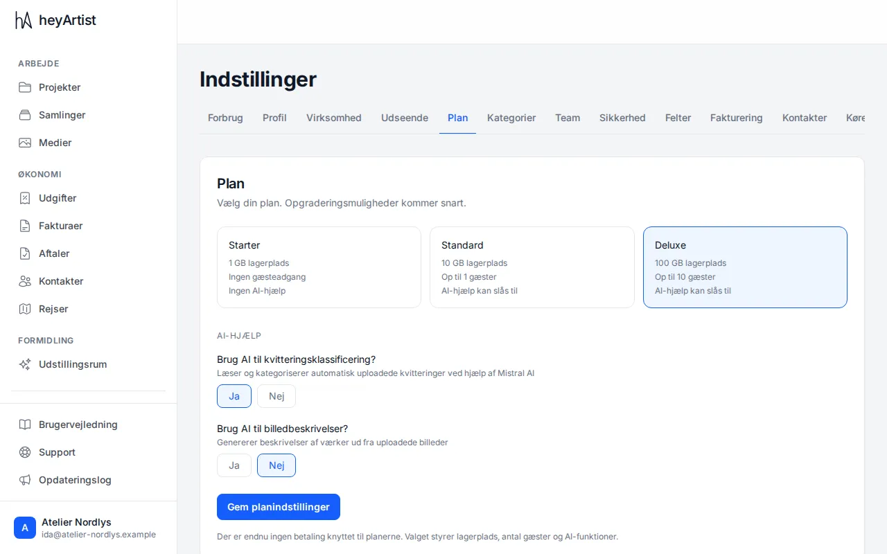 Planen under Indstillinger → Plan