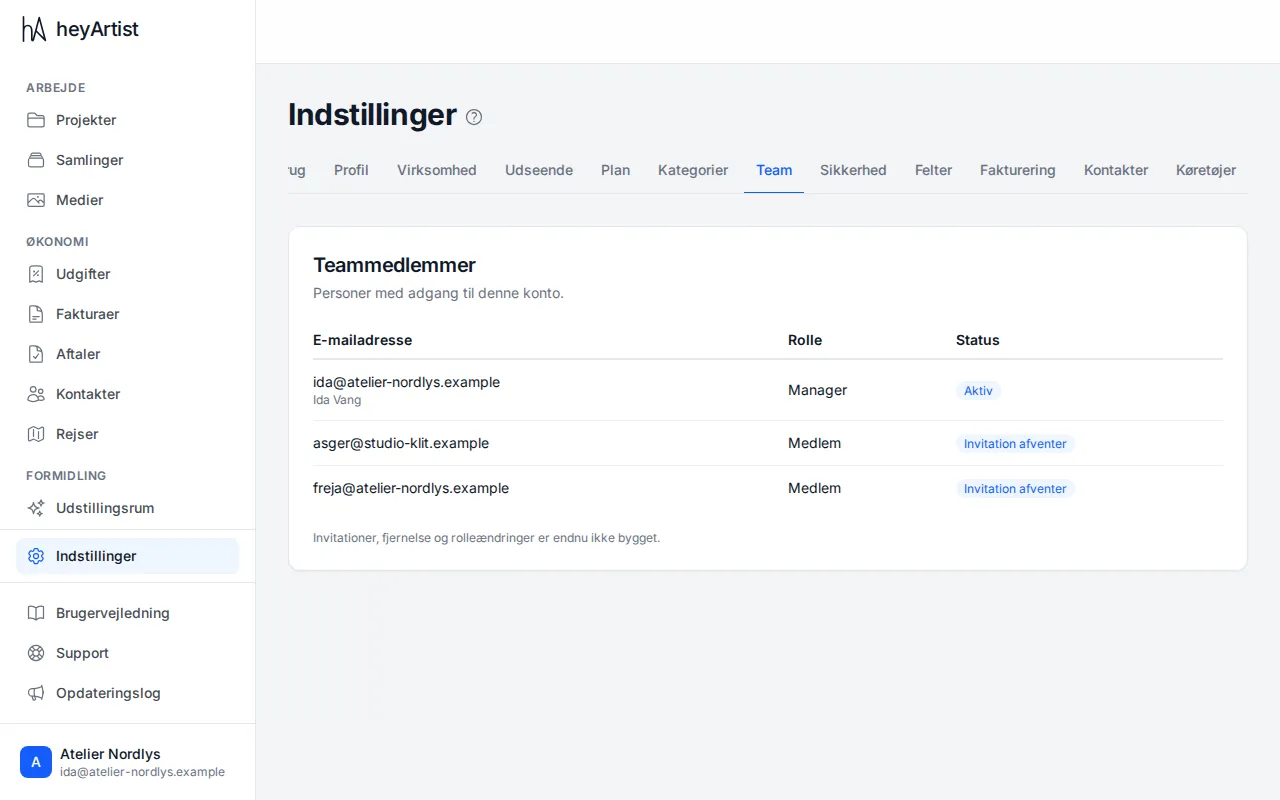 Team: email address, role and status