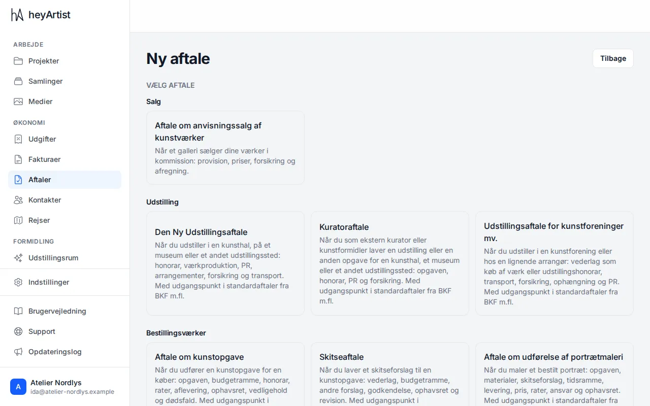 New contract: the agreements grouped by subject, each with a short description