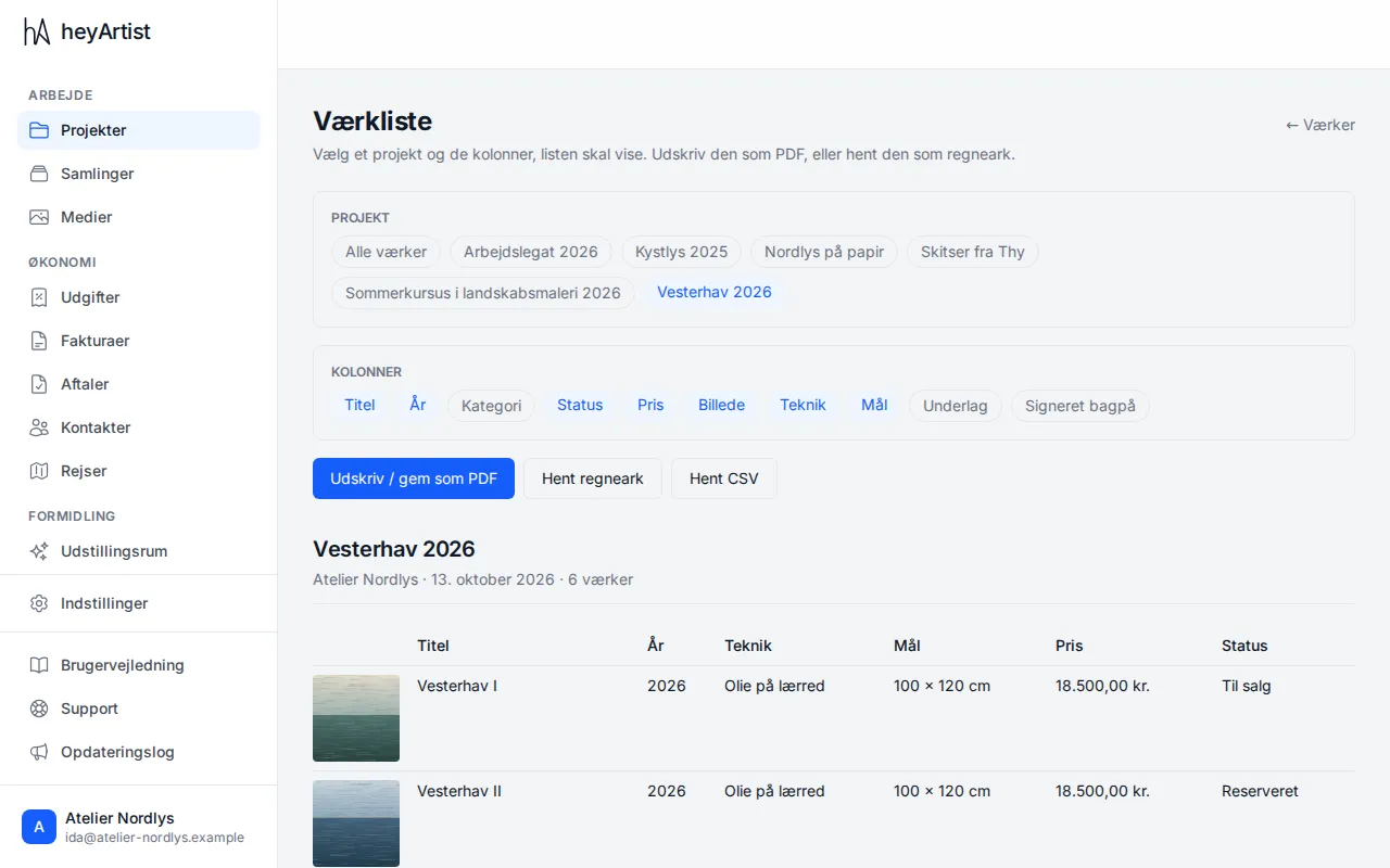 The artwork list for Vesterhav 2026