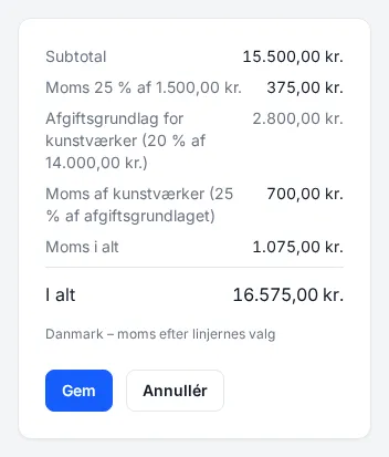 The summary with VAT 25%, the taxable amount and VAT on works of art