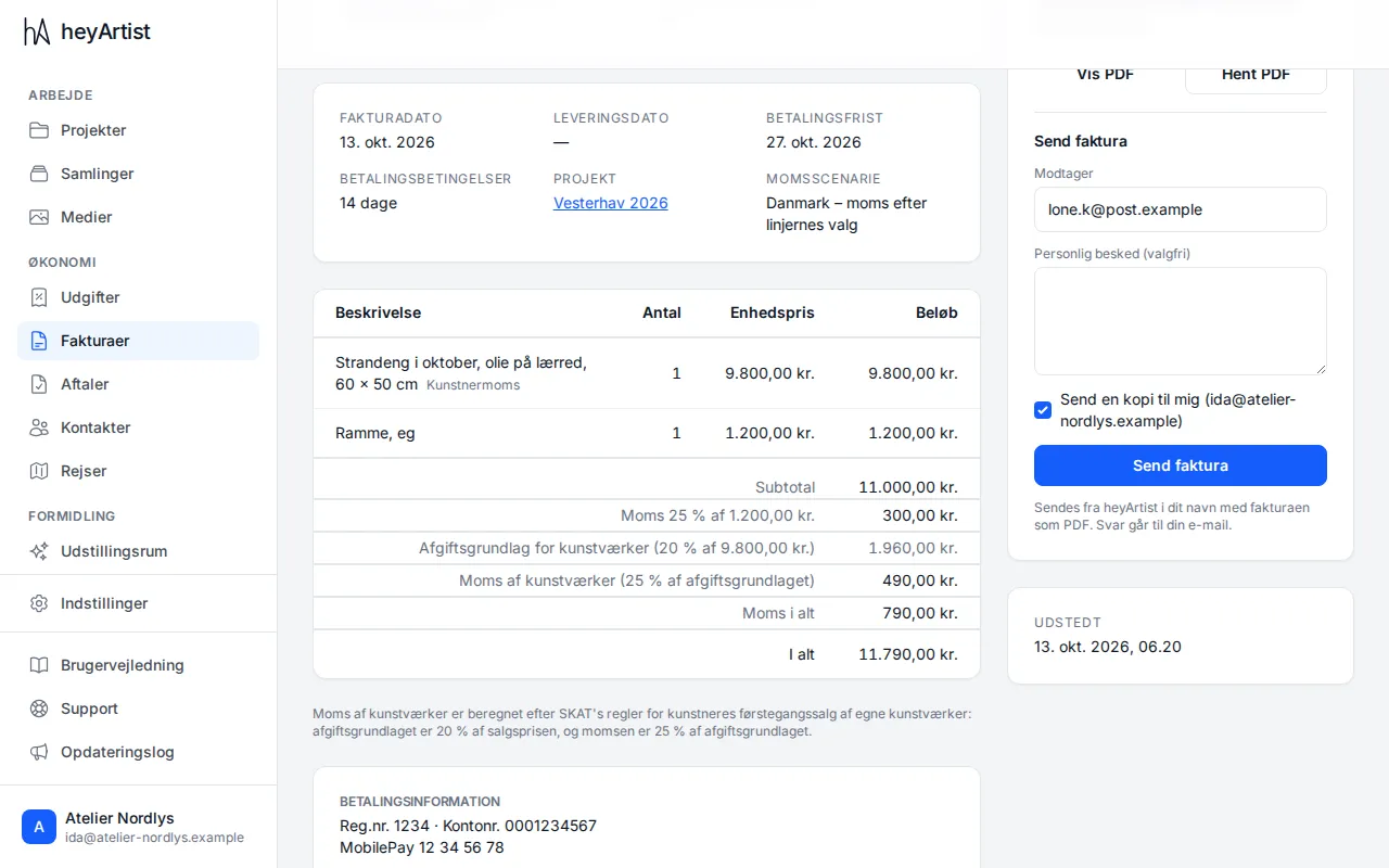 An issued invoice with artist VAT and the explanation below the lines