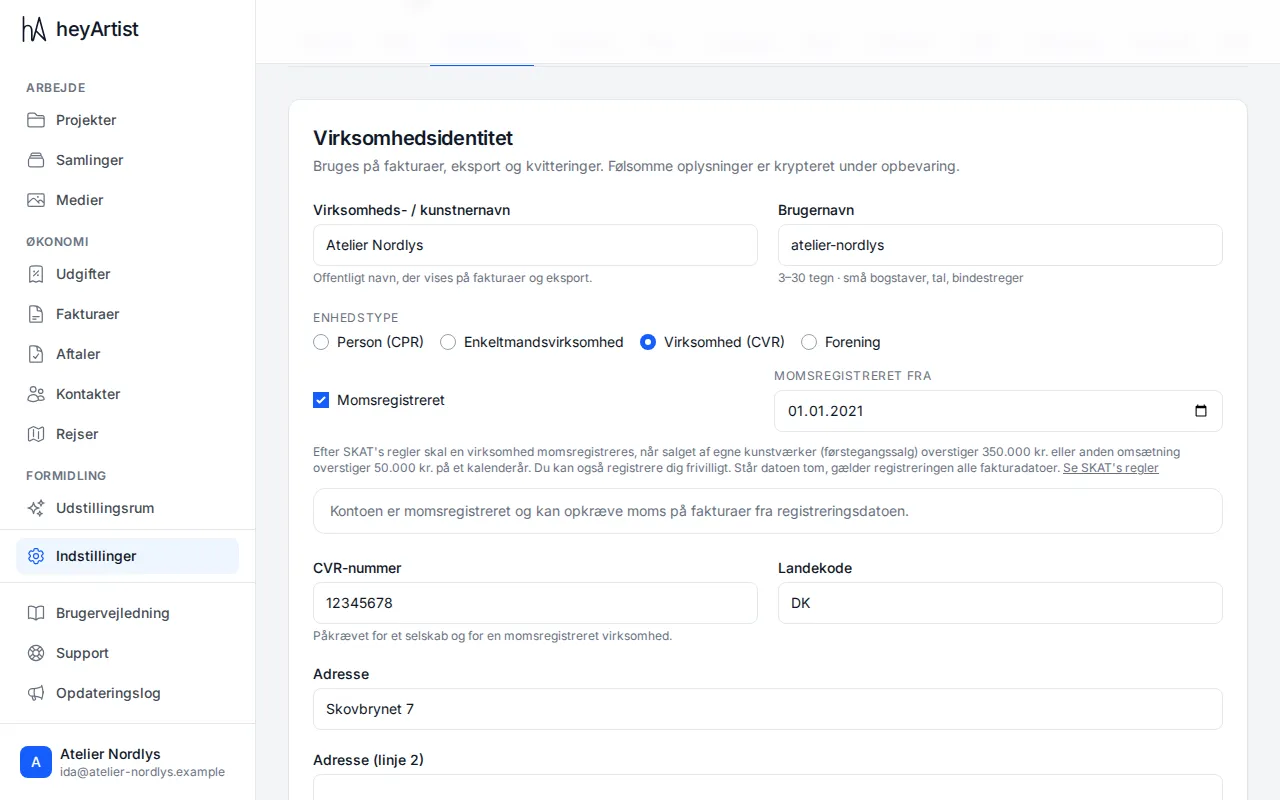 VAT registered with a date under Settings → Business